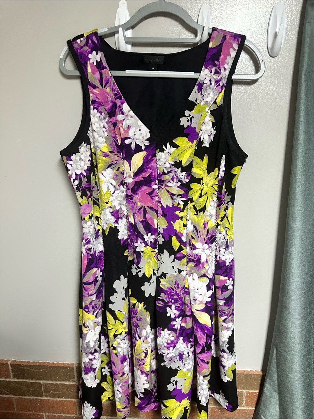 Worthington Black Floral V-Neck Dress with Purple & Yellow Print